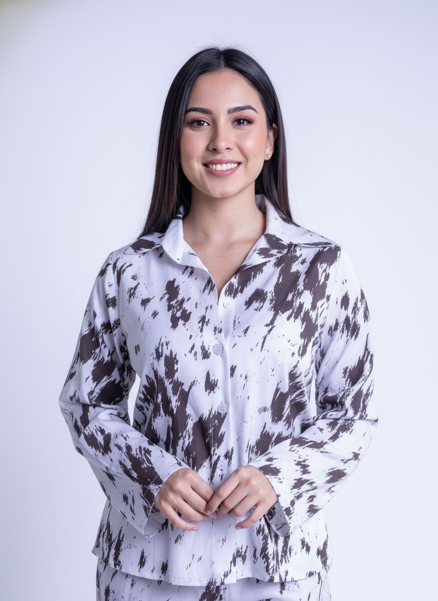 Conjunto blanco beteado de dos piezas de blusa abotonada y pantalon