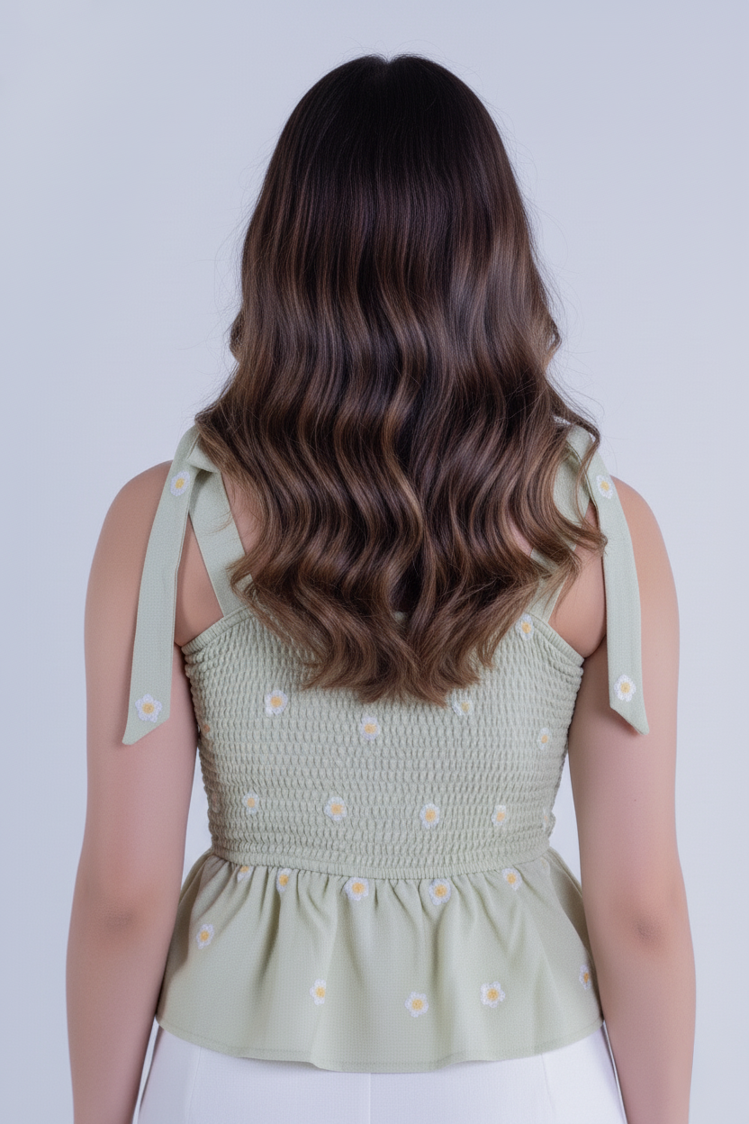 Blusa verde de tirantes con estampado de puntos con elástico en pecho