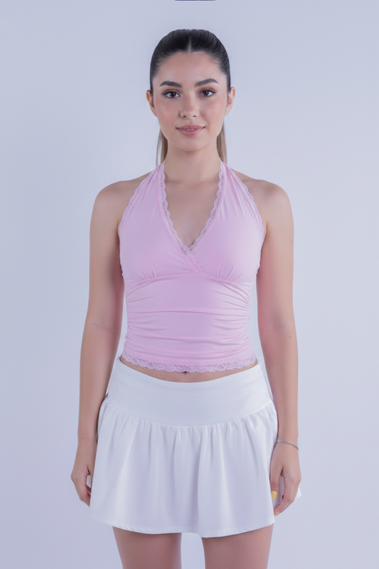 Blusa rosa con amarre en la espalda tipo halter