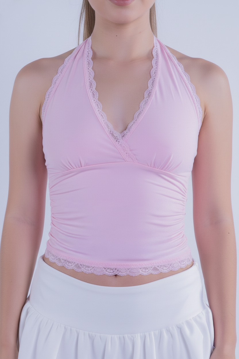 Blusa rosa con amarre en la espalda tipo halter