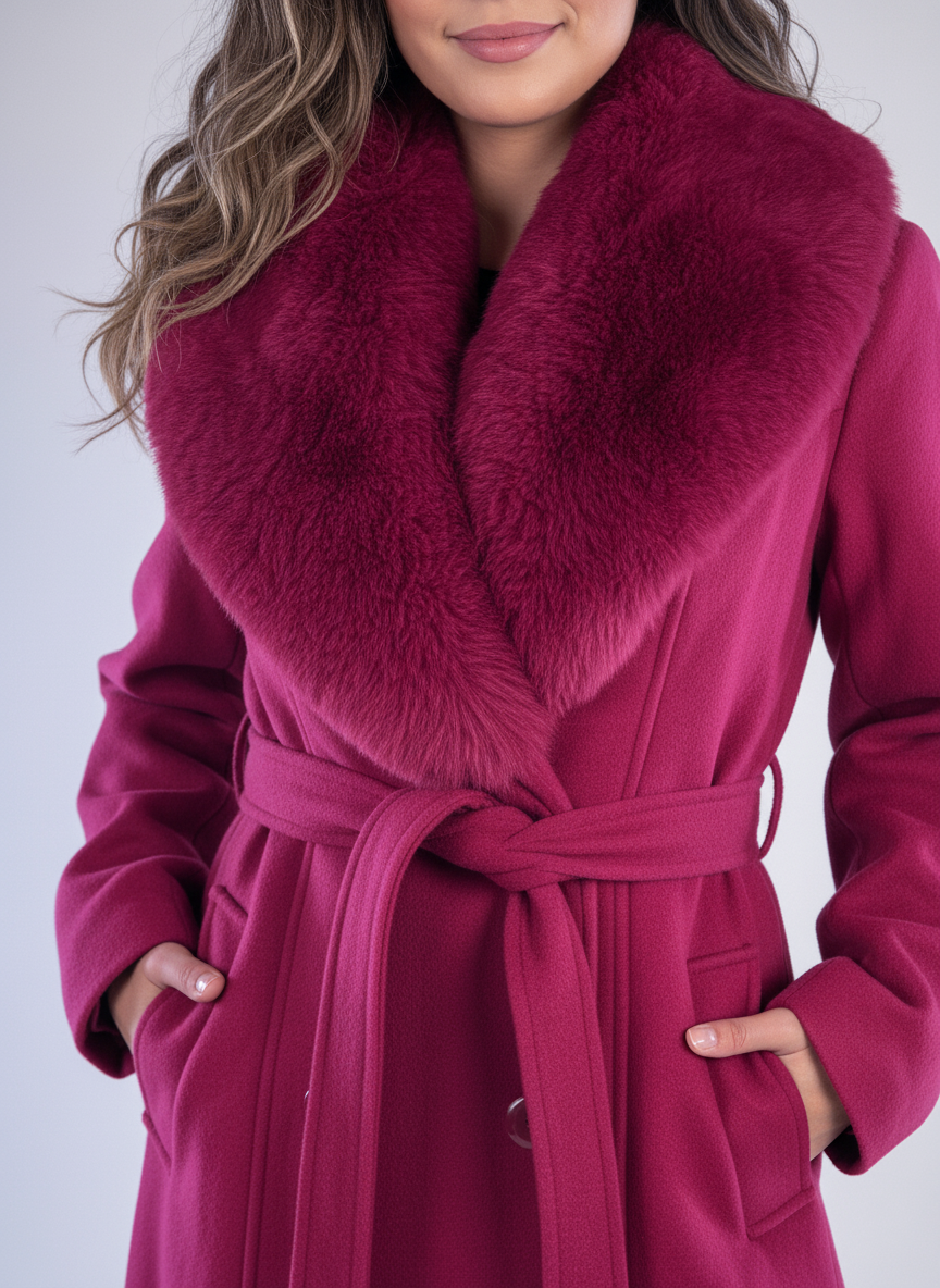 Saco guinda abotonado con peluche en cuello