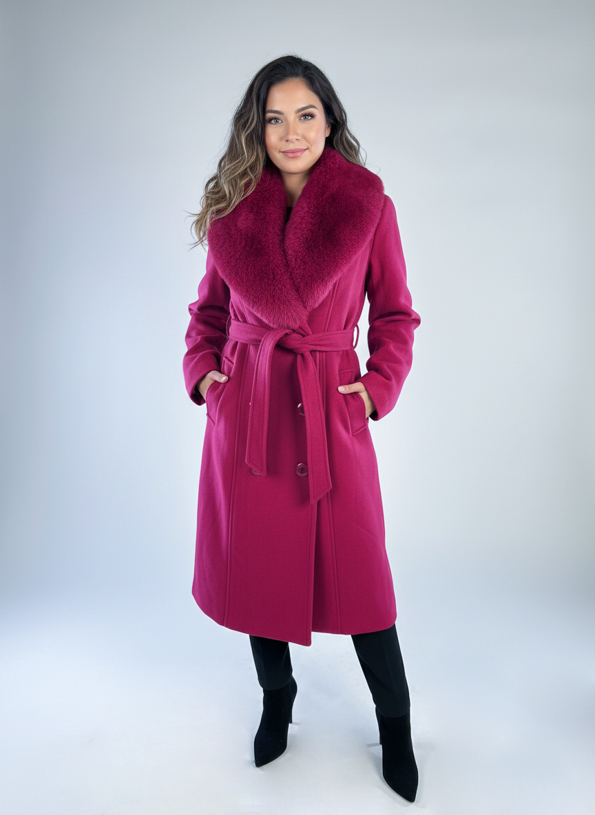 Saco guinda abotonado con peluche en cuello