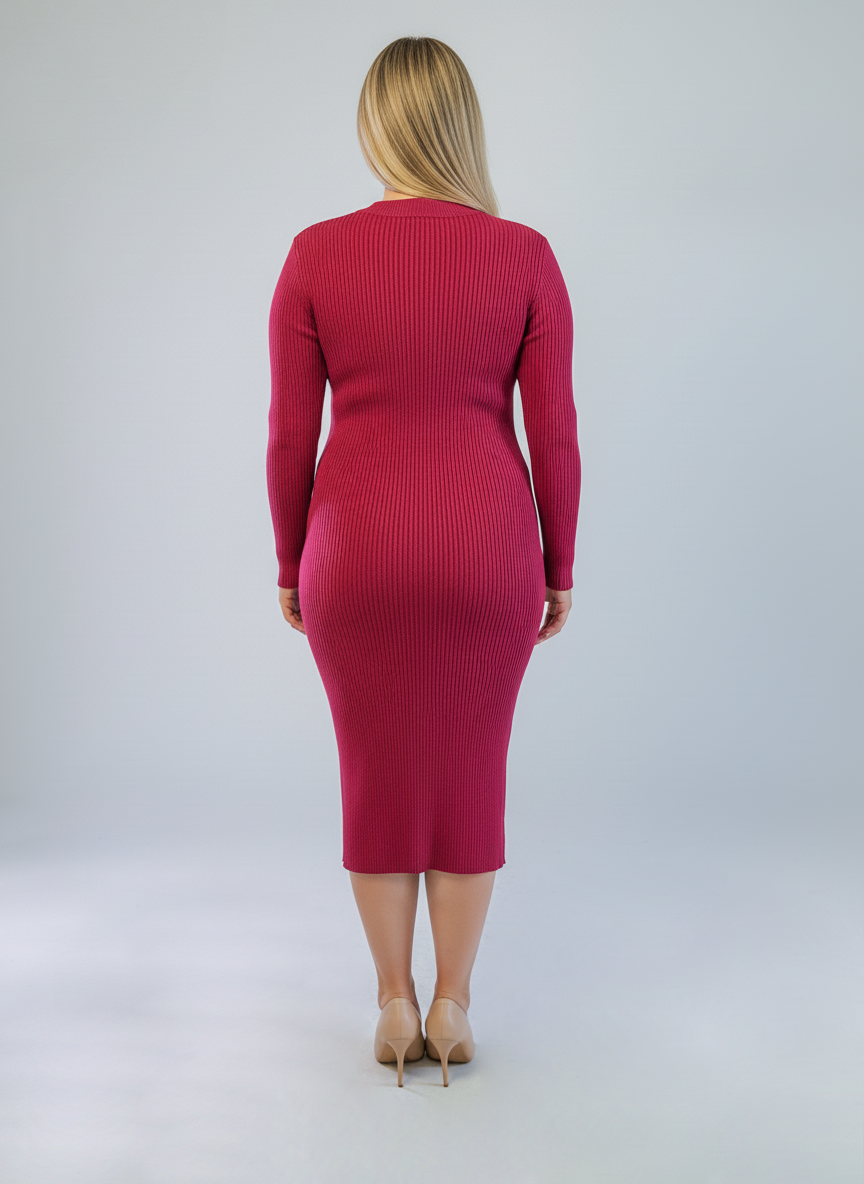 Vestido acanalado guinda entallado tipo sueter