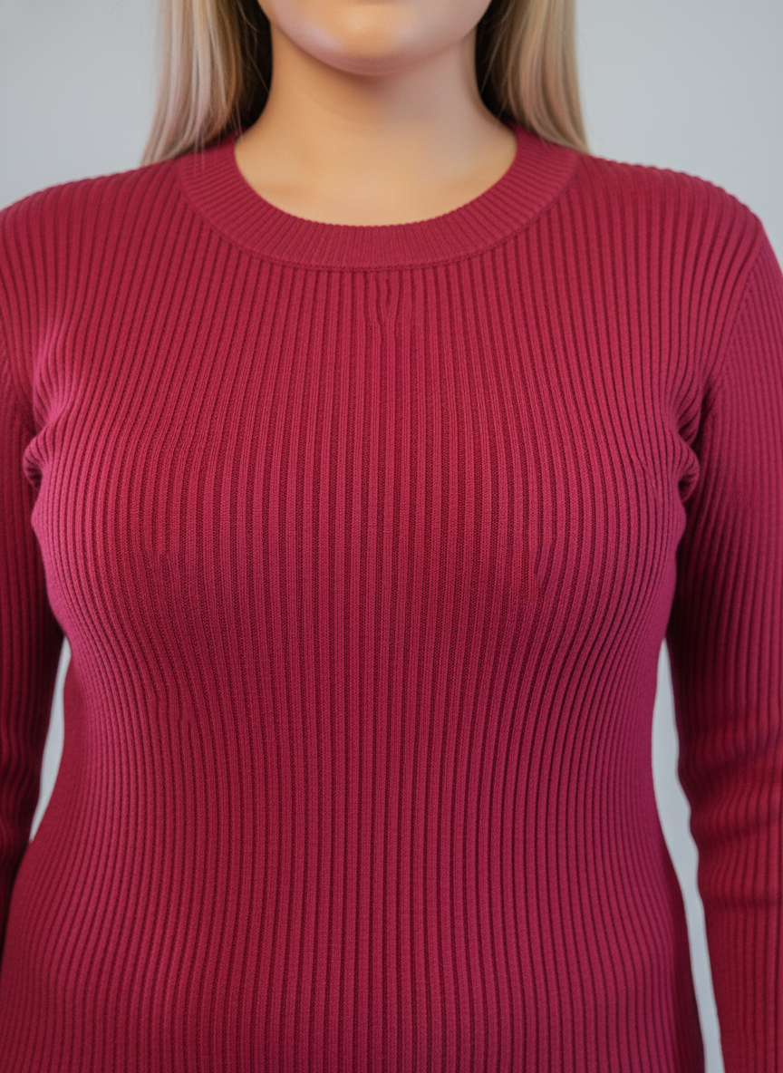 Vestido acanalado guinda entallado tipo sueter