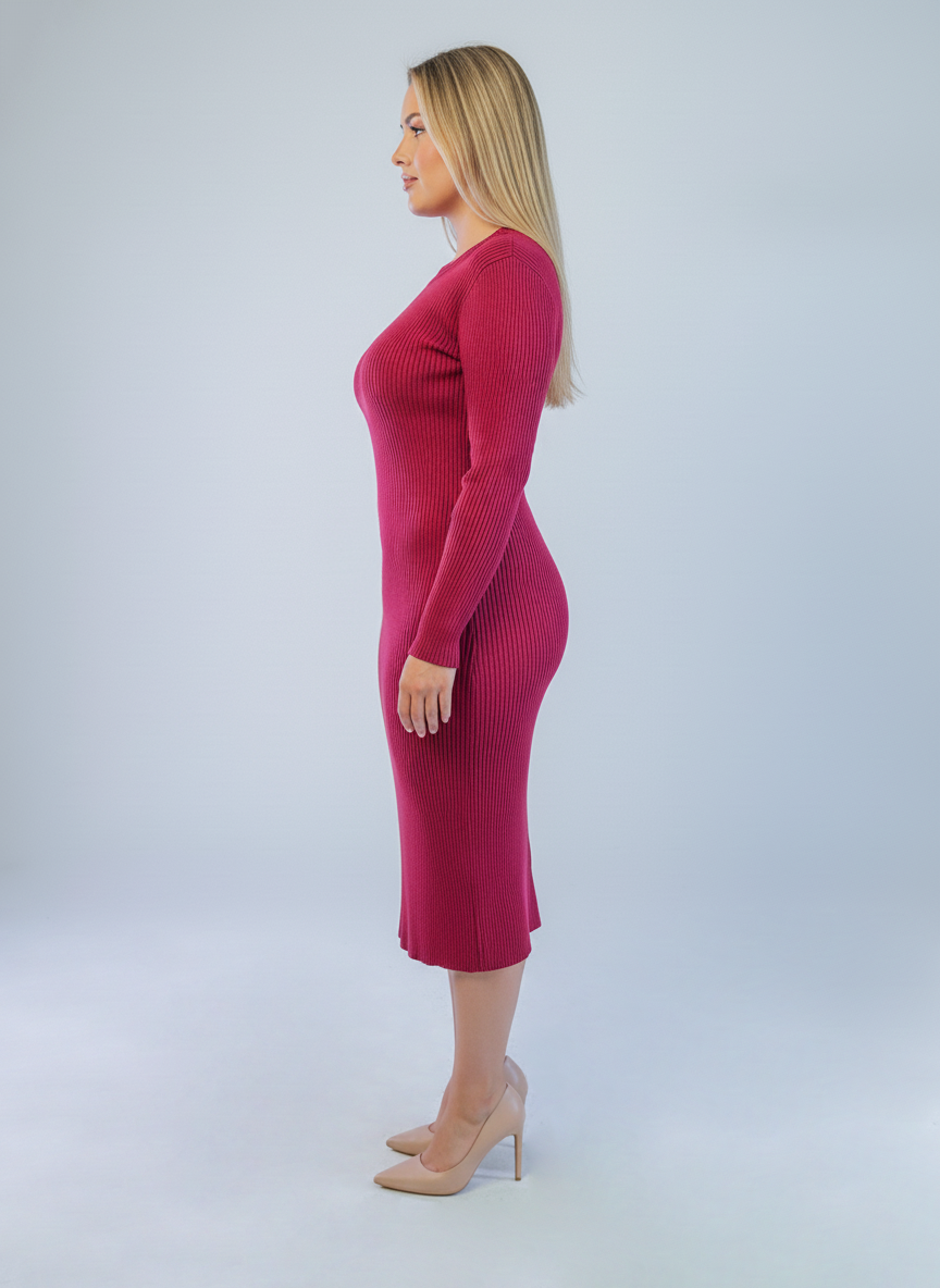 Vestido acanalado guinda entallado tipo sueter