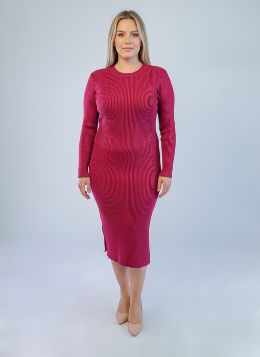 Vestido acanalado guinda entallado tipo sueter