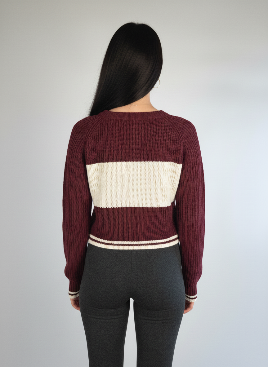 Suéter tejido guinda con franja blanca de leyenda