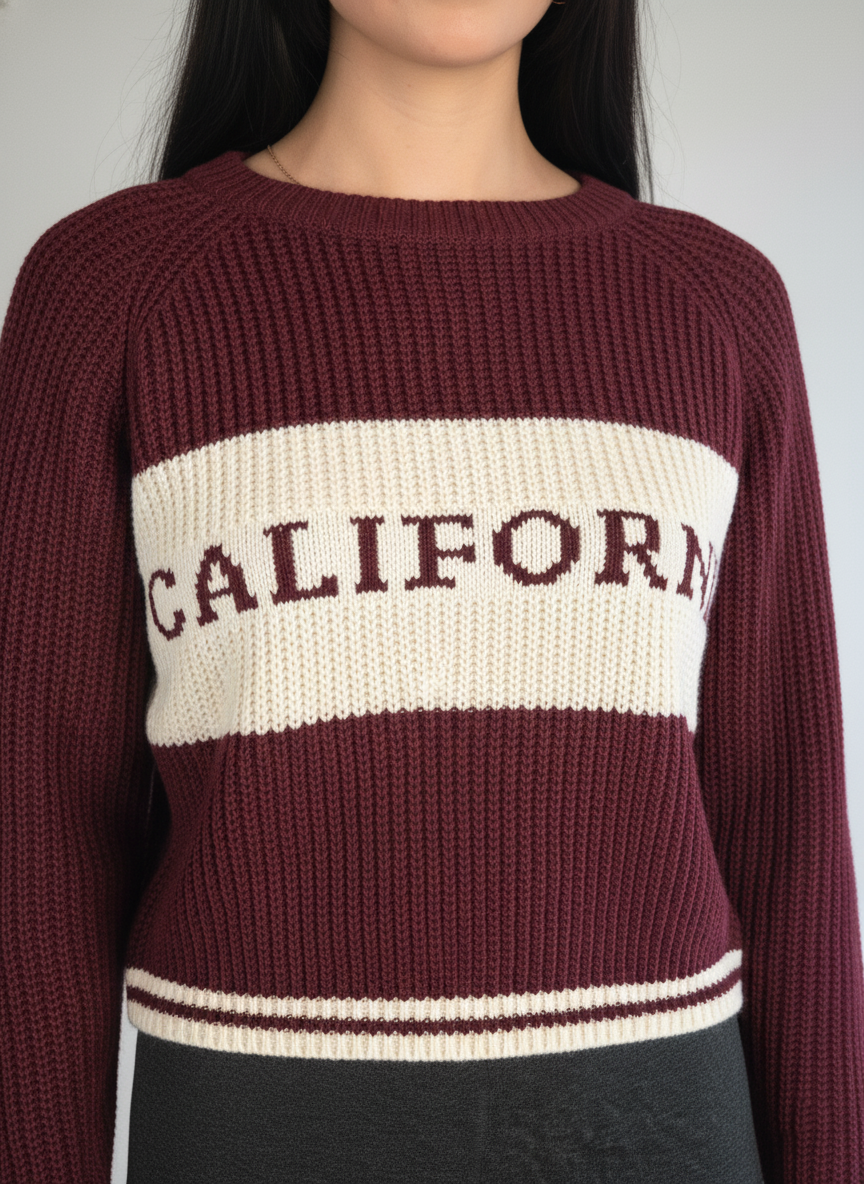 Suéter tejido guinda con franja blanca de leyenda