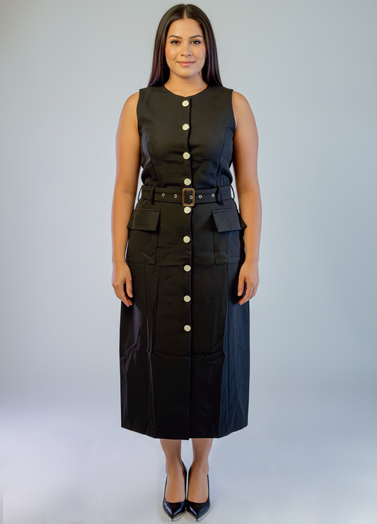 Vestido negro abotonado cuello redondo con cinturon