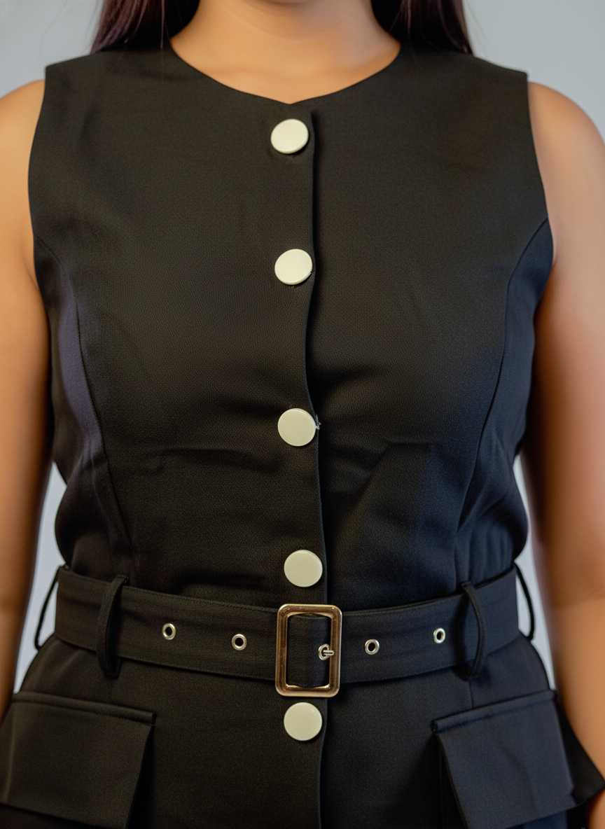 Vestido negro abotonado cuello redondo con cinturon