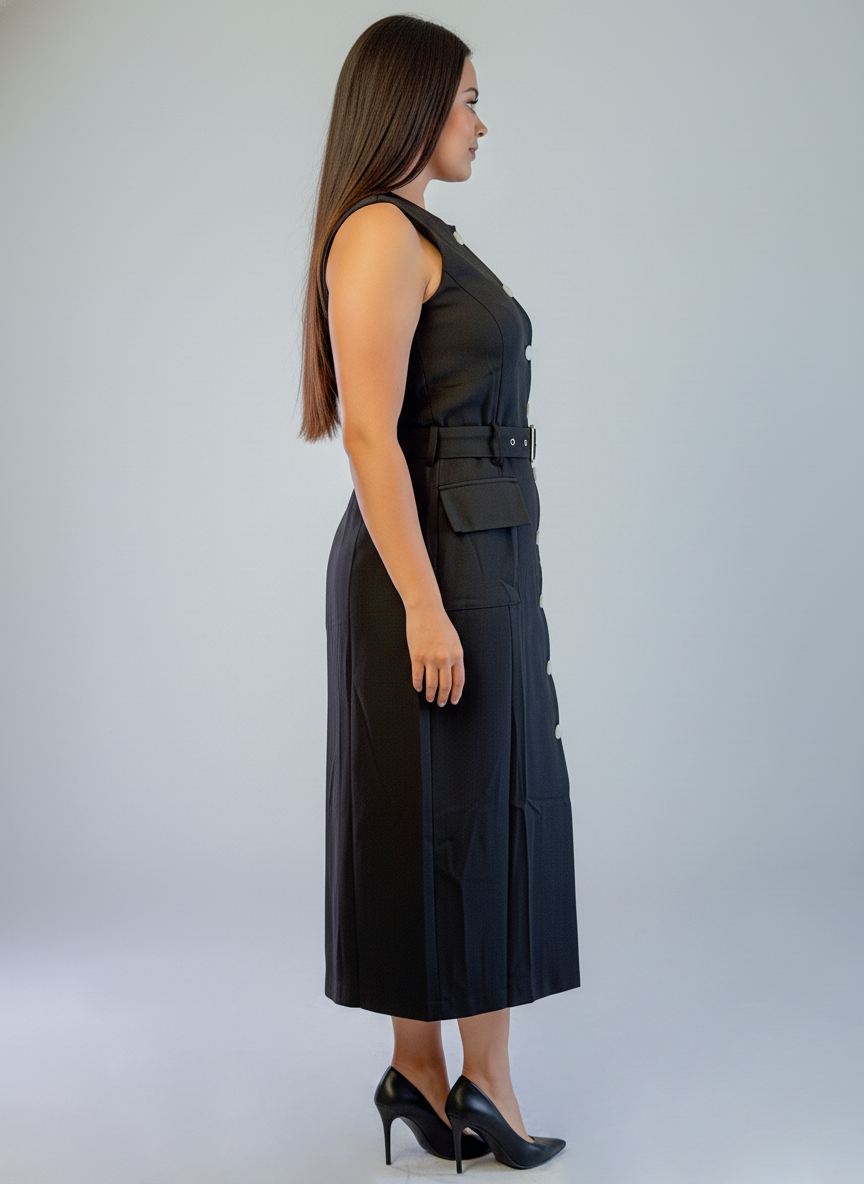 Vestido negro abotonado cuello redondo con cinturon