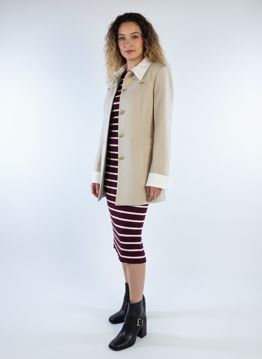 Saco beige abotonado con cuello de contraste