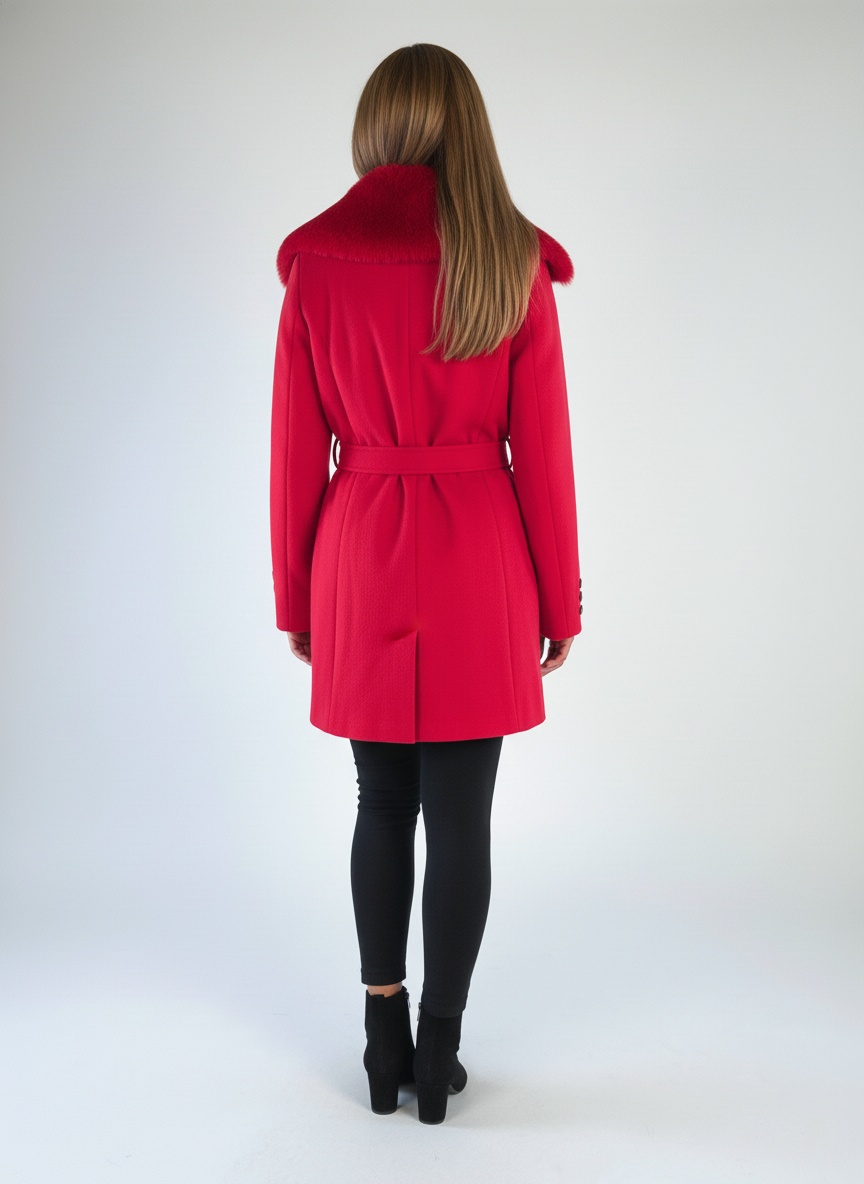 Abrigo rojo con peluche en hombro