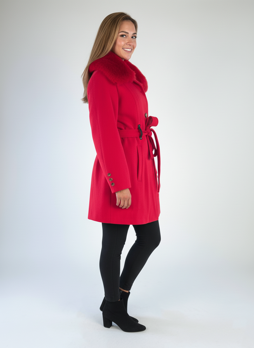 Abrigo rojo con peluche en hombro