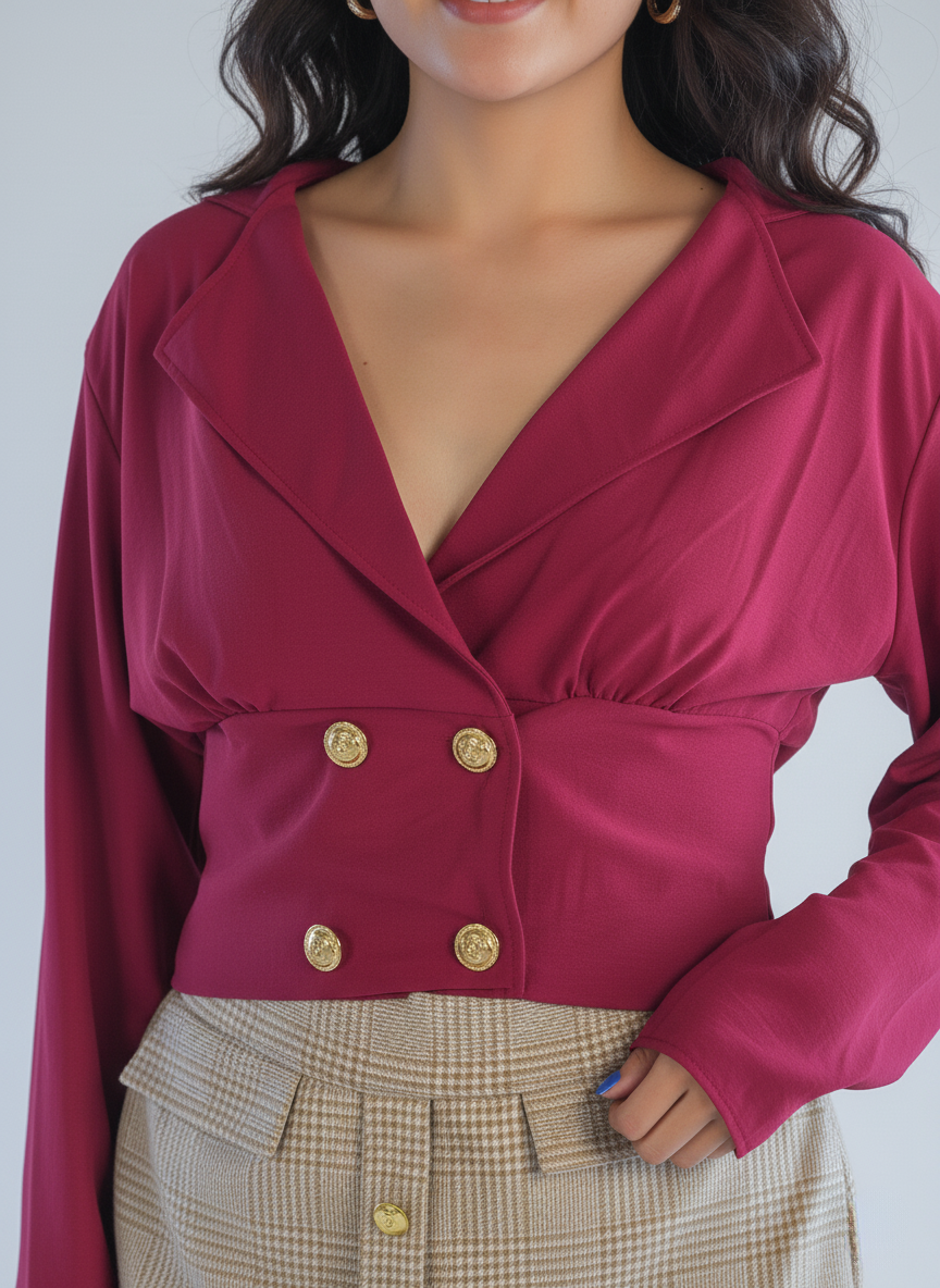 Blusa guinda con solapa manga larga con botones decorativos