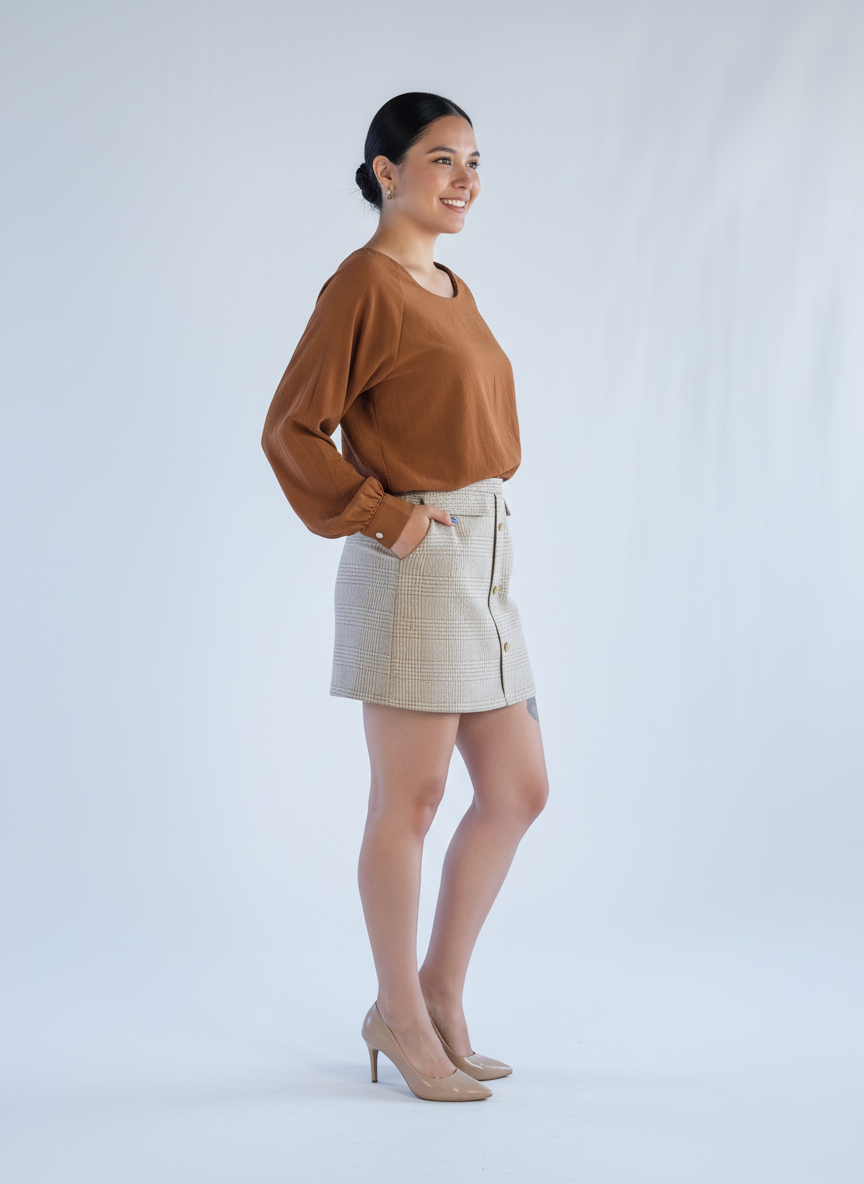 Blusa cafe cuello redondo manga suelta semi globo