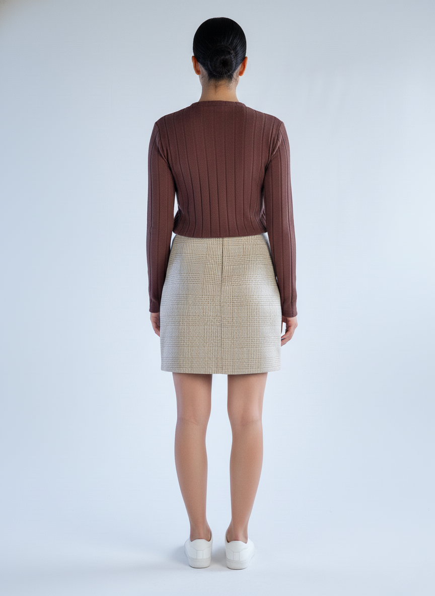 Blusa cafe acanalada cuello redondo manga larga