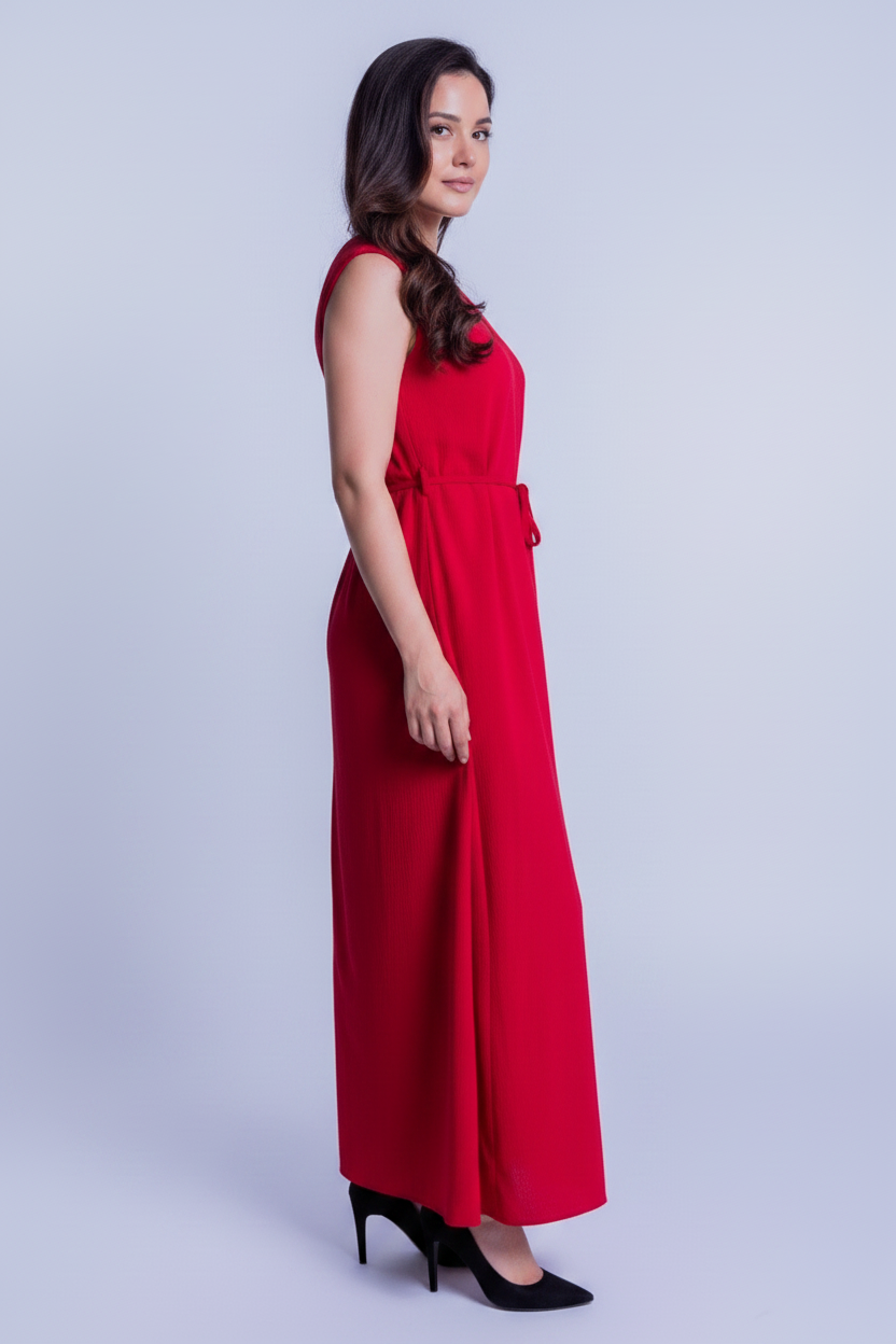 Vestido rojo con escote en V y cinturón de tela ajustable