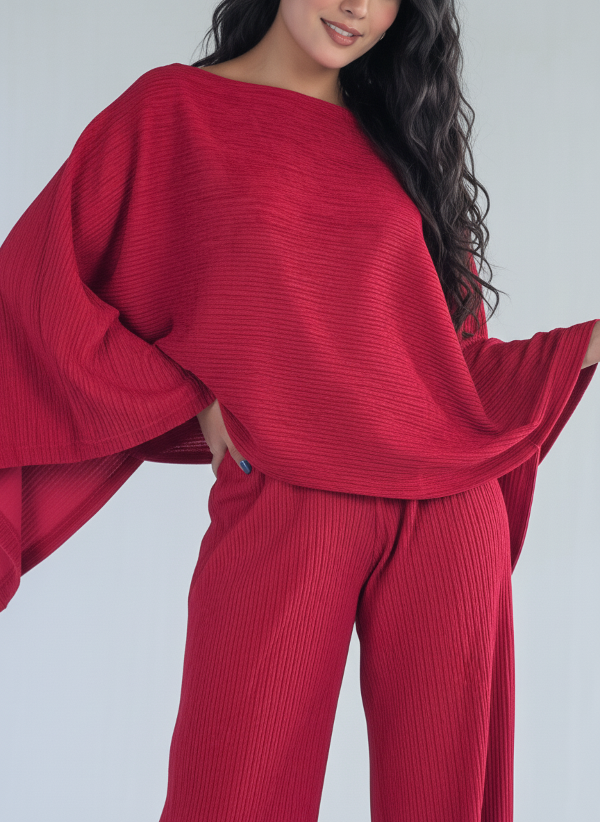 Conjunto guinda de dos piezas de blusa y pantalon