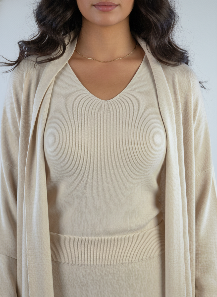 Conjunto beige de 3 piezas, blusa, pantalón y falda tela estilo sueter