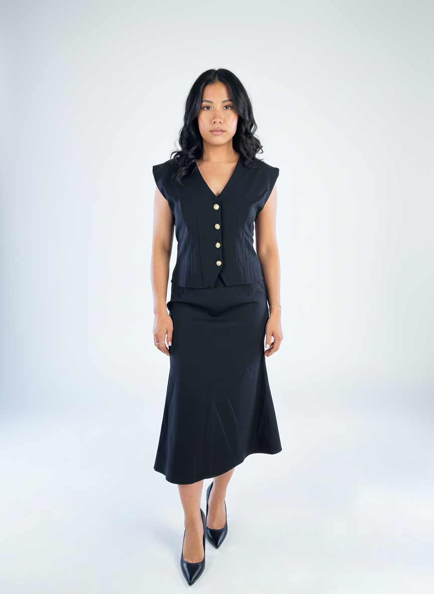 Conjunto negro con blusa abotonada y pinzas laterales, falda larga