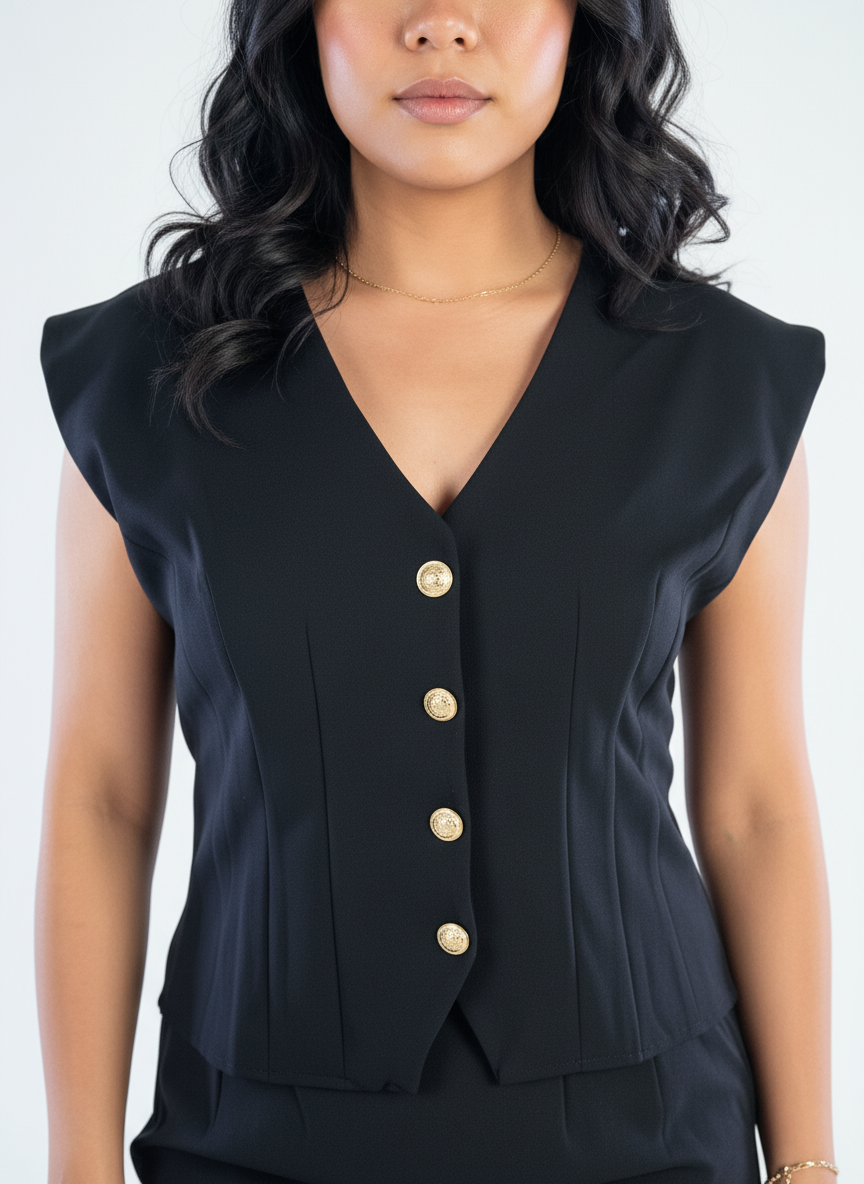 Conjunto negro con blusa abotonada y pinzas laterales, falda larga