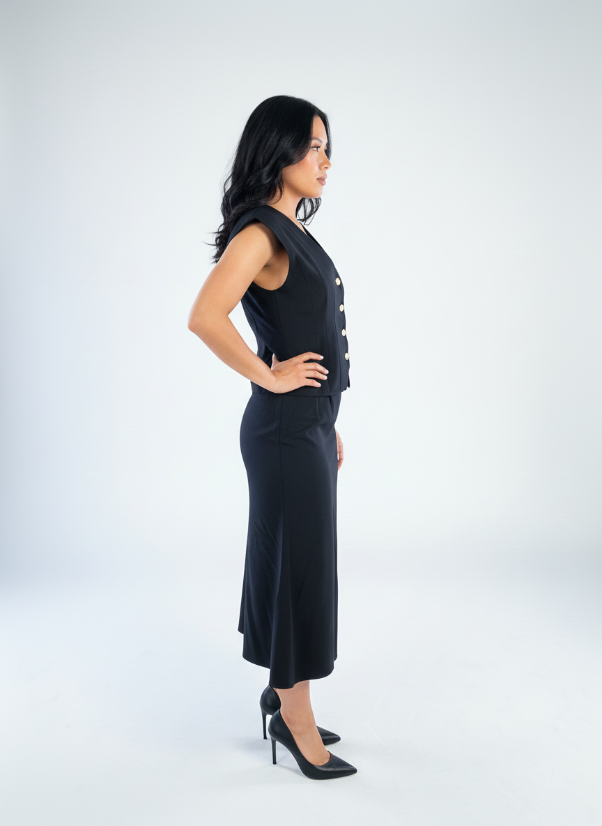 Conjunto negro con blusa abotonada y pinzas laterales, falda larga