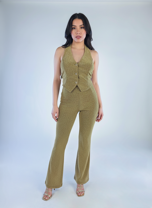 Pantalón/ Blusa de hilo lurex dorado tipo malla semi acampanado (se venden por separado)