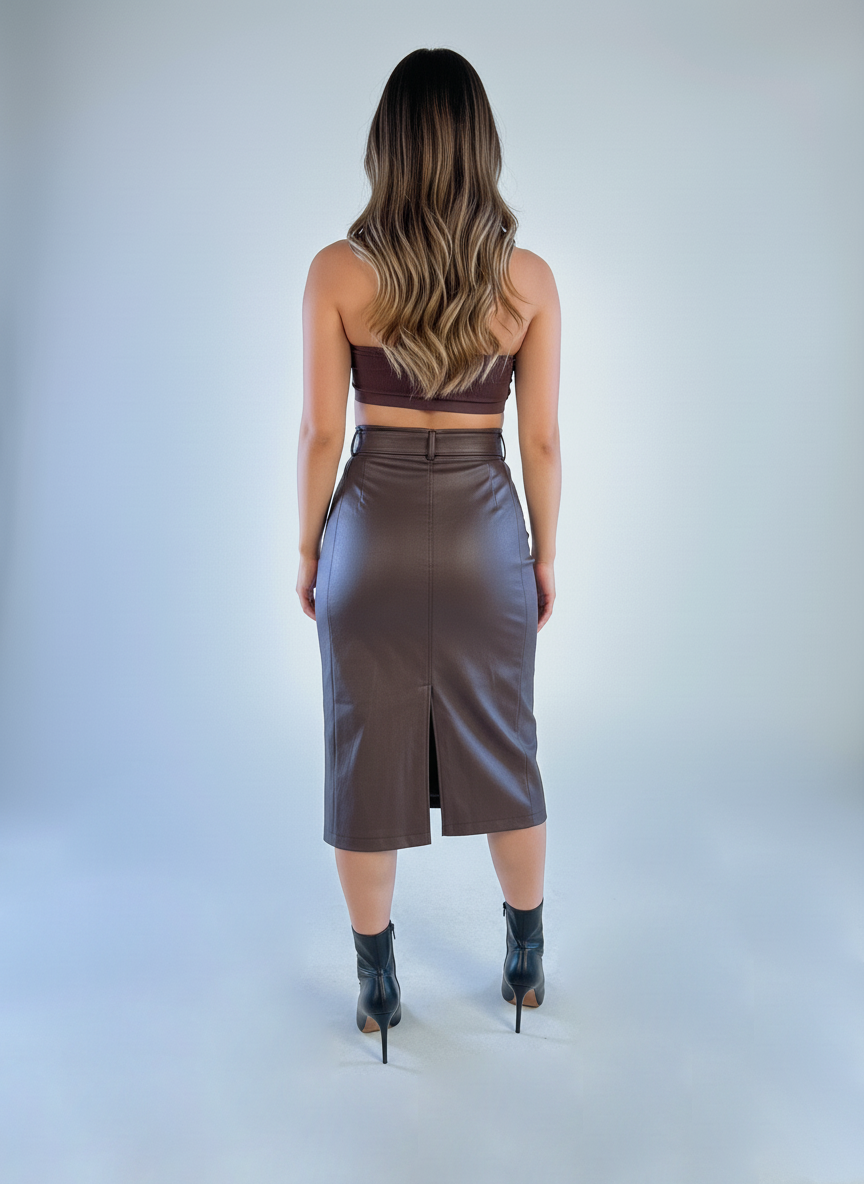 Falda larga entallada con abertura en pierna y cinturon ajustable