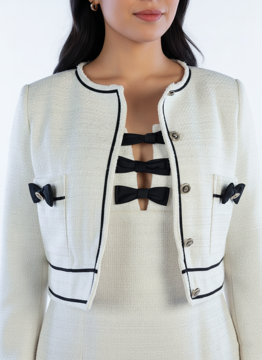 Conjunto de vestido blanco con saco abotonado y vestido entallado de tirantes