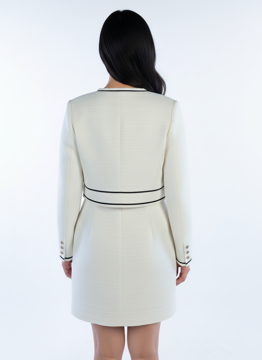 Conjunto de vestido blanco con saco abotonado y vestido entallado de tirantes