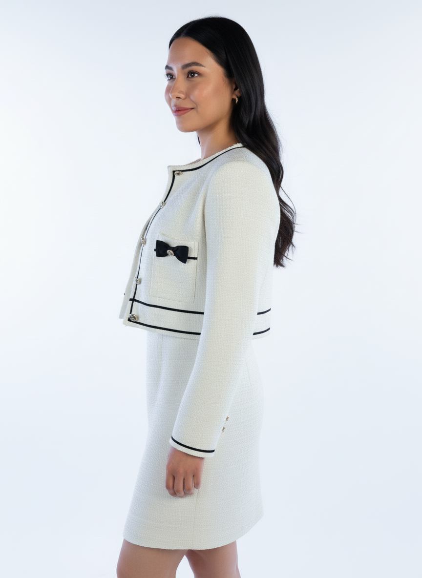 Conjunto de vestido blanco con saco abotonado y vestido entallado de tirantes