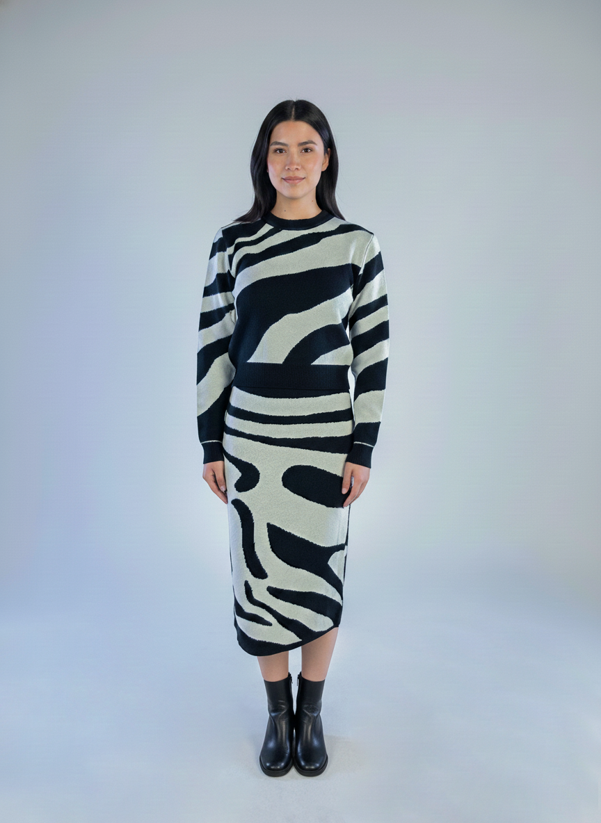 Conjunto casual blusa tipo sueter y falda estampado animal print