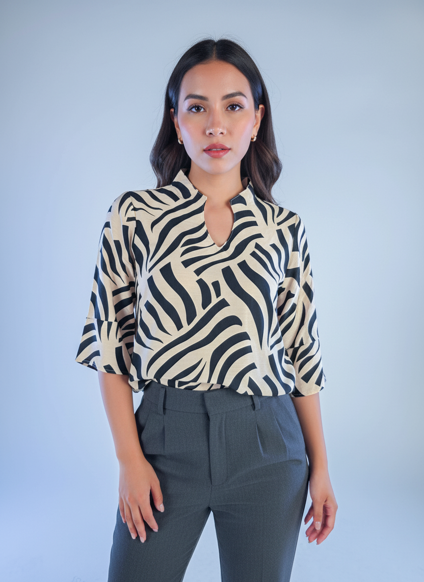 Blusa beige con estampado de cebra y cuello con ojal