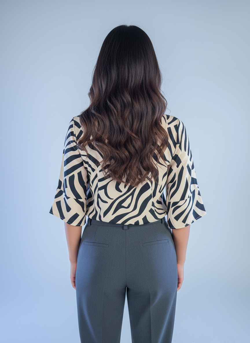 Blusa beige con estampado de cebra y cuello con ojal