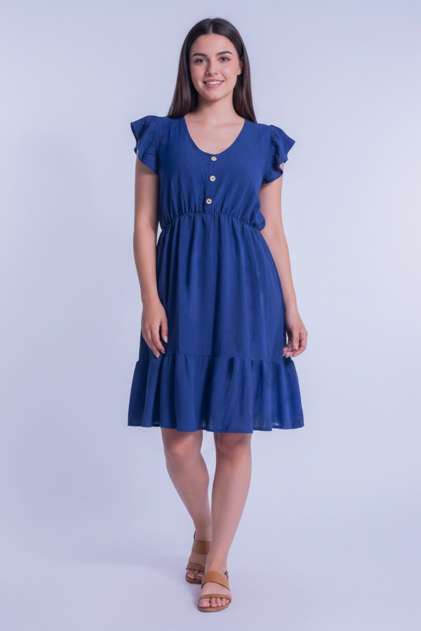 Vestido azul con botones de imitación con cinto