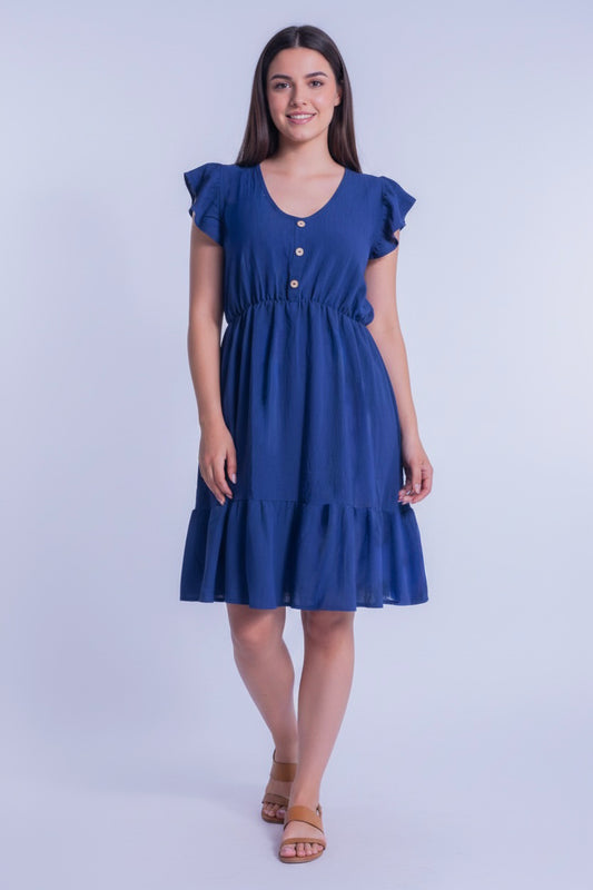 Vestido azul con botones de imitación con cinto