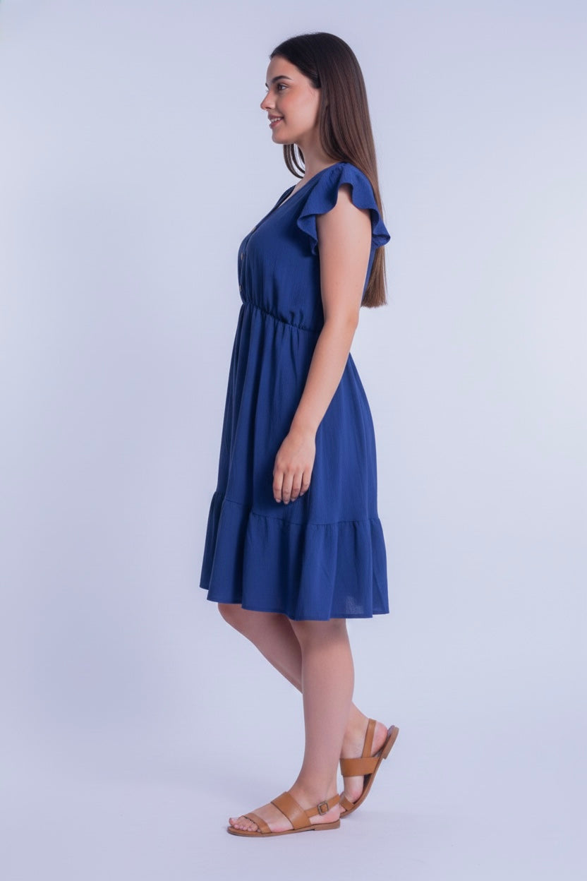 Vestido azul con botones de imitación con cinto