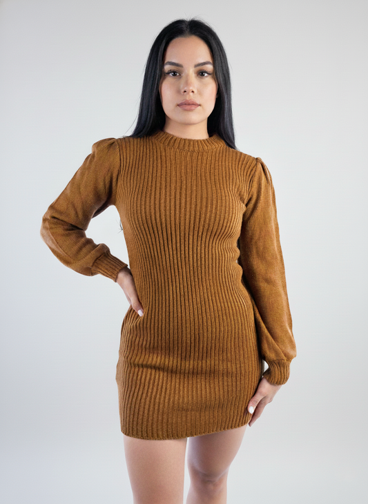 Vestido tipo suéter acanalado puño semi globo