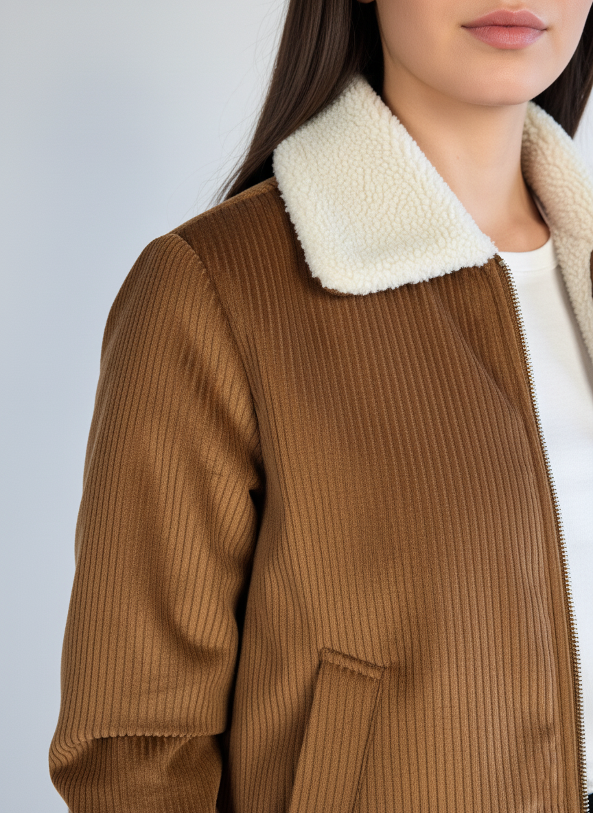 Chamarra cafe acanalada de terciopelo con cuello de borrega