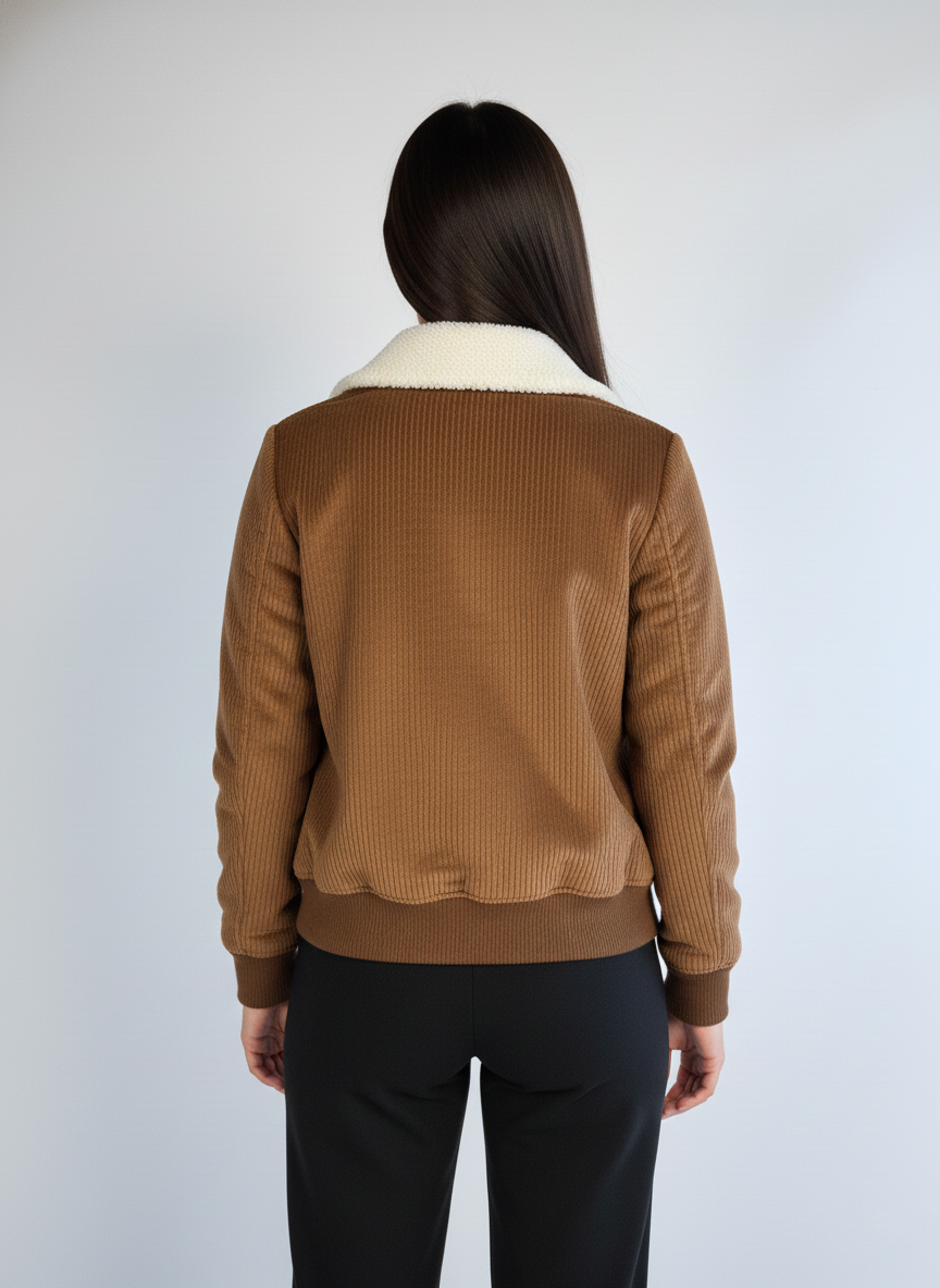 Chamarra cafe acanalada de terciopelo con cuello de borrega