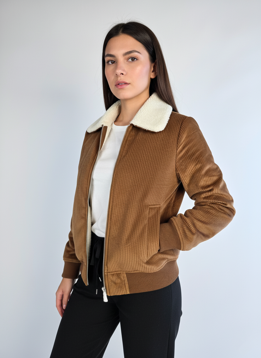 Chamarra cafe acanalada de terciopelo con cuello de borrega