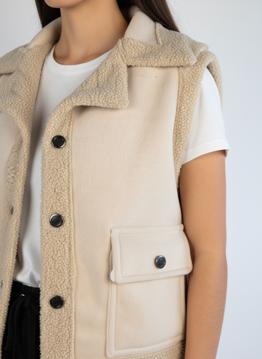 Chaleco beige con borrega en cuello cierre de botones