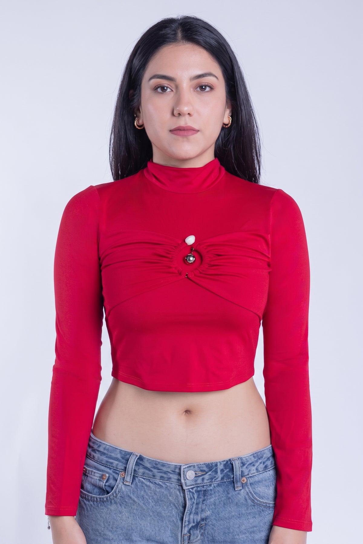 Crop top rojo acanalado manga larga