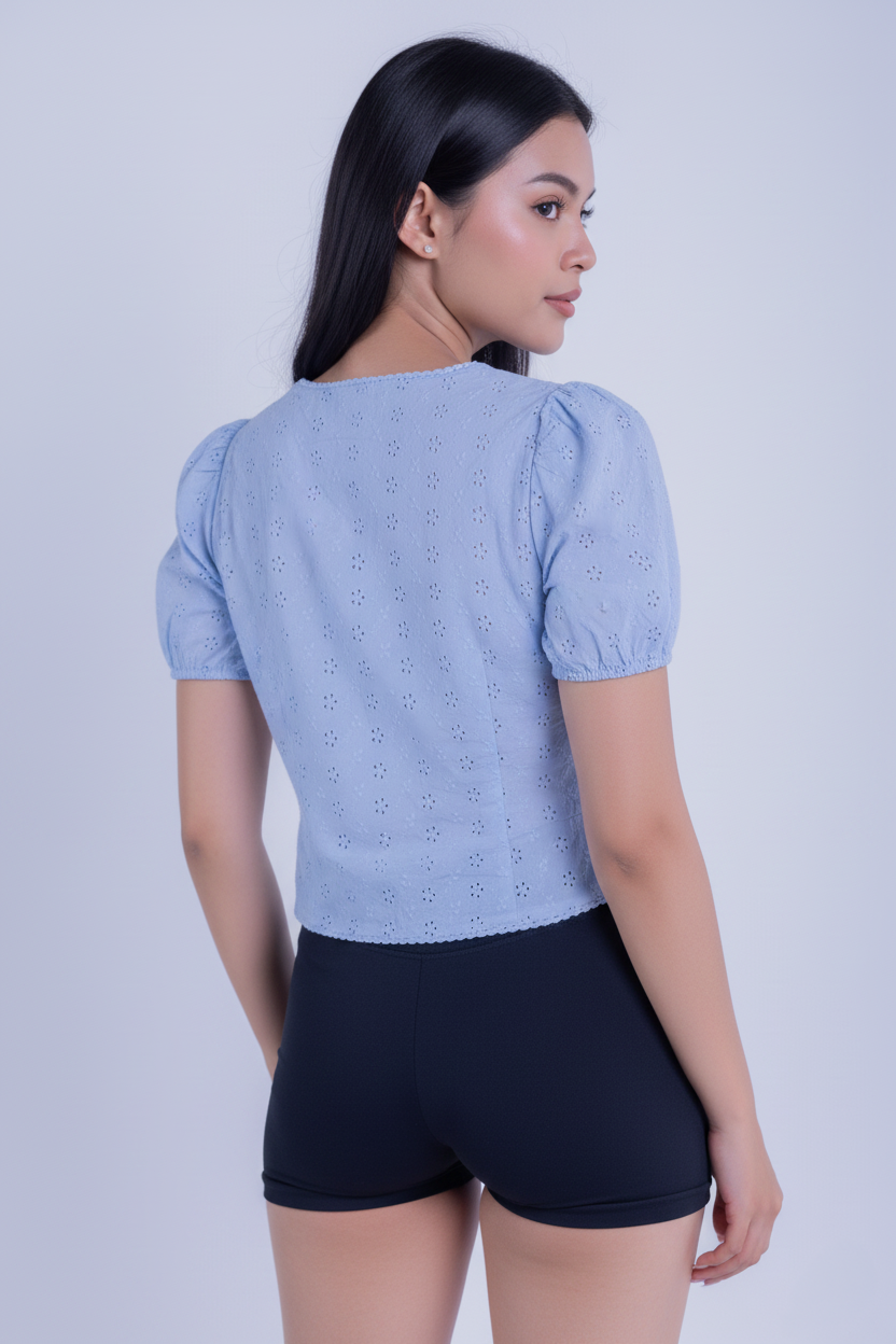 Crop top azul escote con amarres en pecho