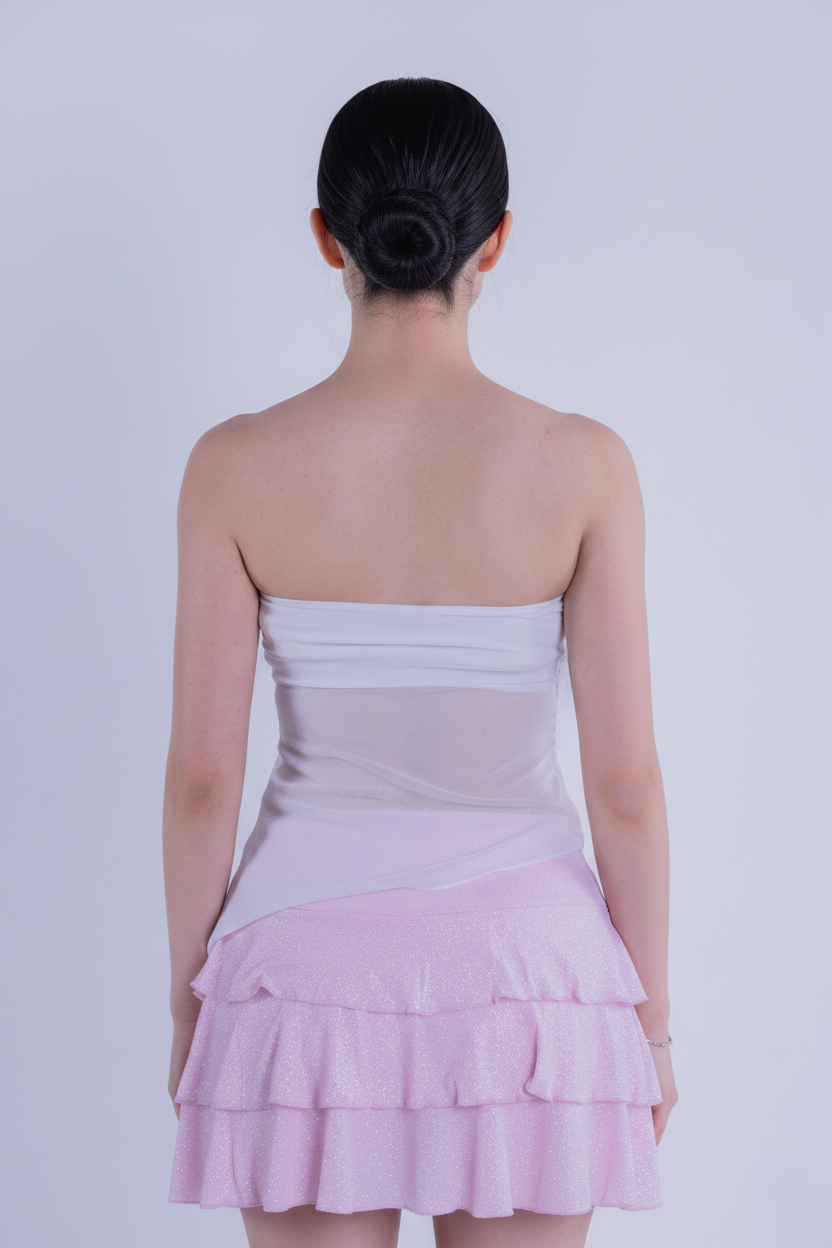 Strapless blanco con brillos corte asimétrico