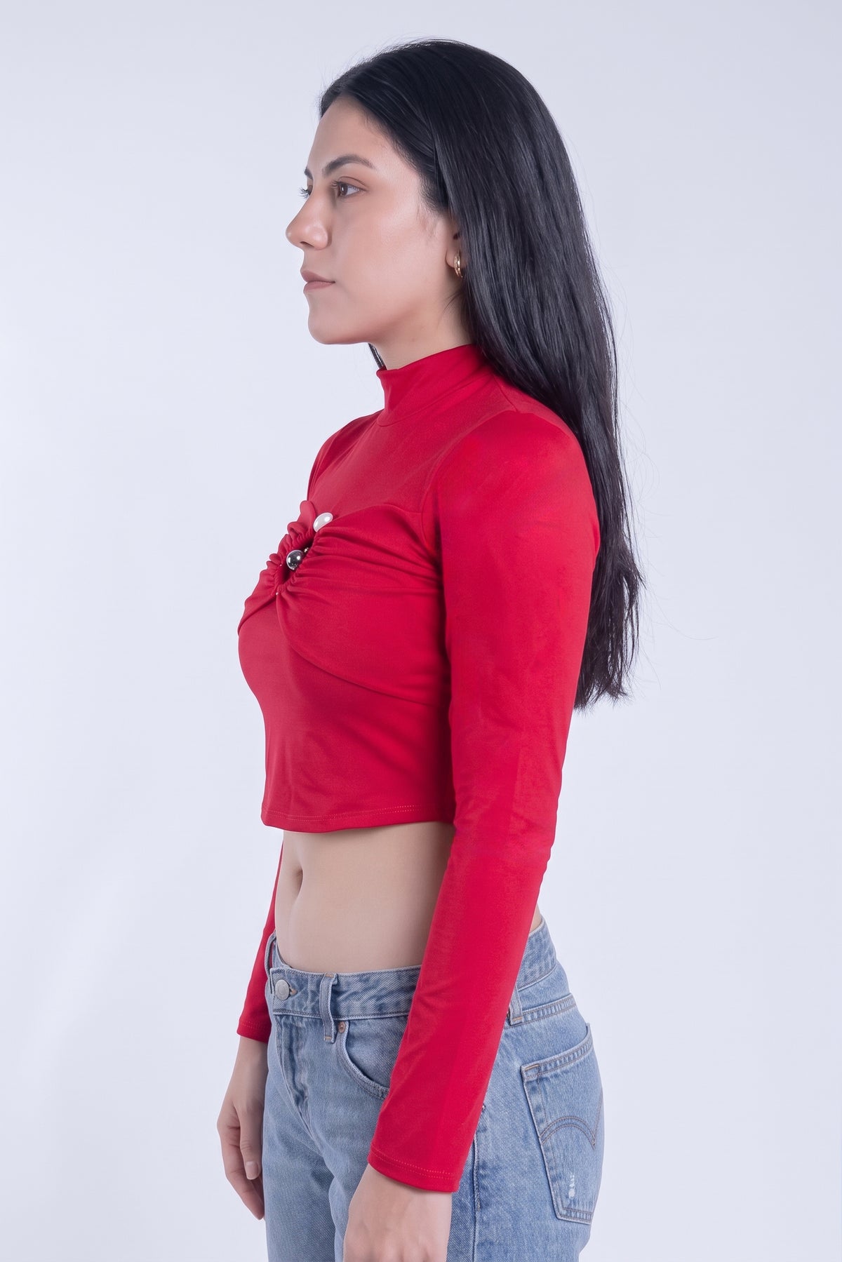 Crop top rojo acanalado manga larga