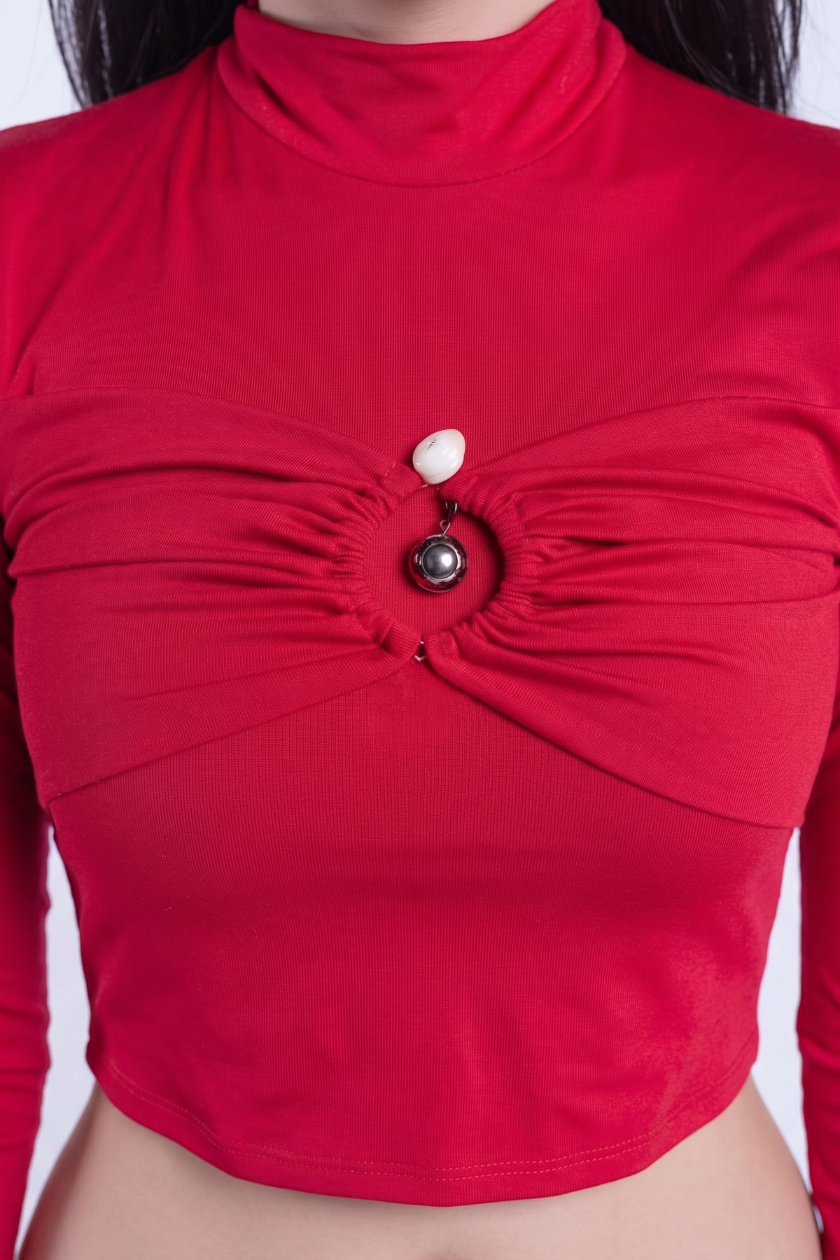 Crop top rojo acanalado manga larga
