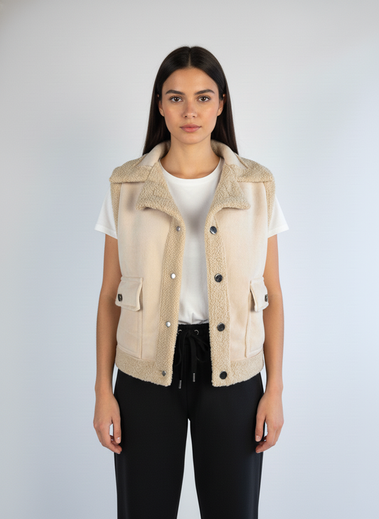 Chaleco beige con borrega en cuello cierre de botones