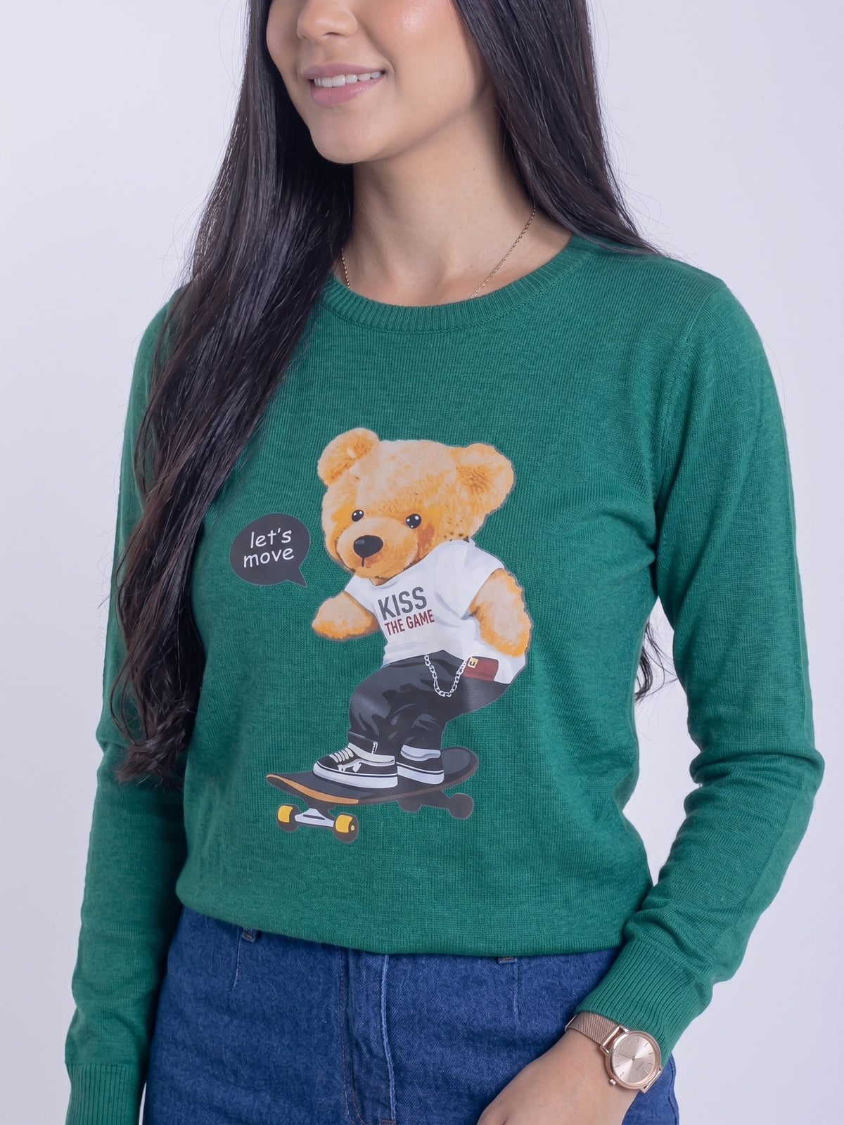 Suéter verde con estampado de oso